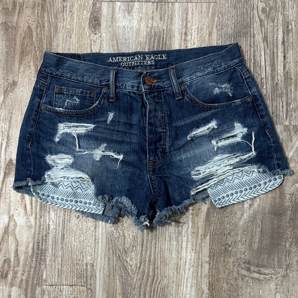 American Eagle Outfitters Dark Blue Ripped Jean Shorts